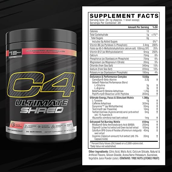 Cellucor C4 Ultimate shred | 20 Servings | Strawberry Watermelon Supplement Facts