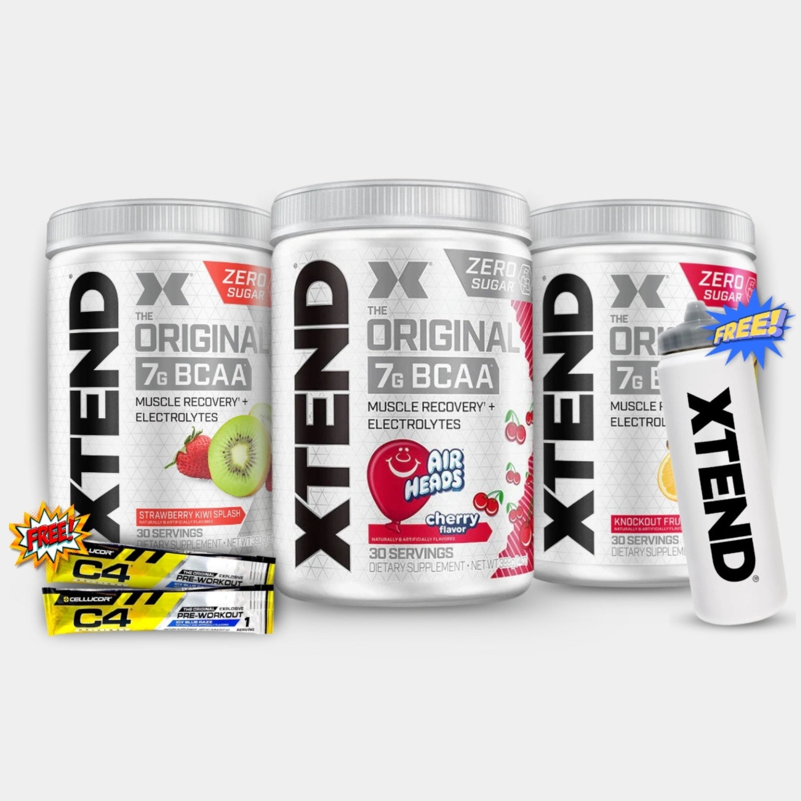 XTEND® Original BCAA Powder (Strawberry Kiwi Splash + Cherry Airheads+ Knockout Fruit Punch) + (Free 1 Xtend sipper) + (Free 2 C4 Preworkout Sample)