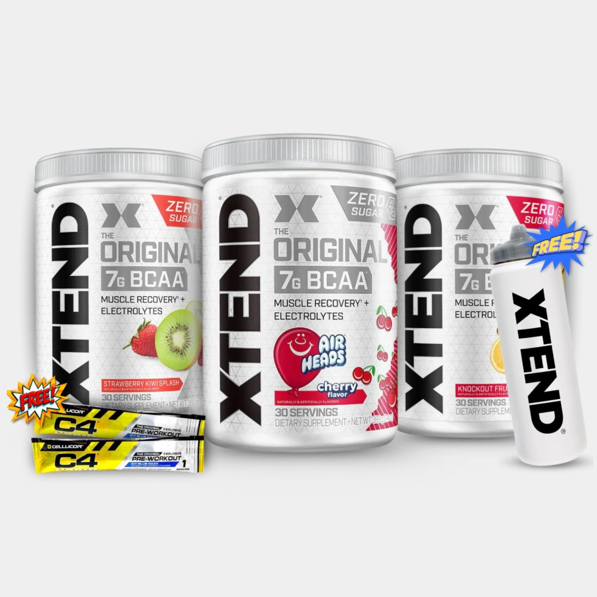 XTEND® Original BCAA Powder (Strawberry Kiwi Splash + Cherry Airheads+ Knockout Fruit Punch) + (Free 1 Xtend sipper) + (Free 2 C4 Preworkout Sample)